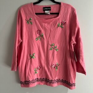 Sag Harbor Floral Embroidered Sweater Womens XL Pink NEW Ramie Cotton 3/4 Sleeve